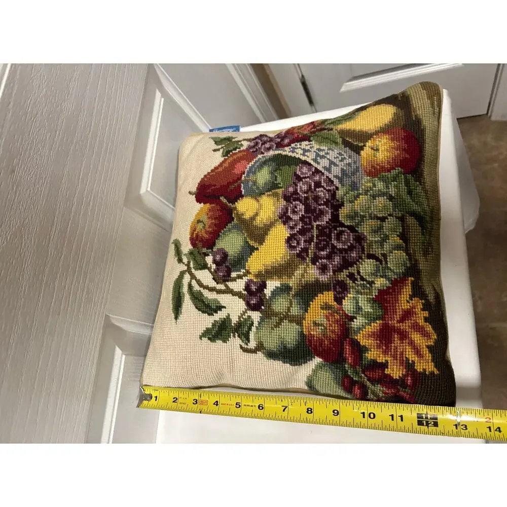Vintage Williamsburg Needlepoint Pillow Fruit Basket Tapestry Cottage Decor 13”